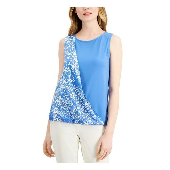 ALFANI Womens Blue Printed Sleeveless Jewel Neck Tank Top S
