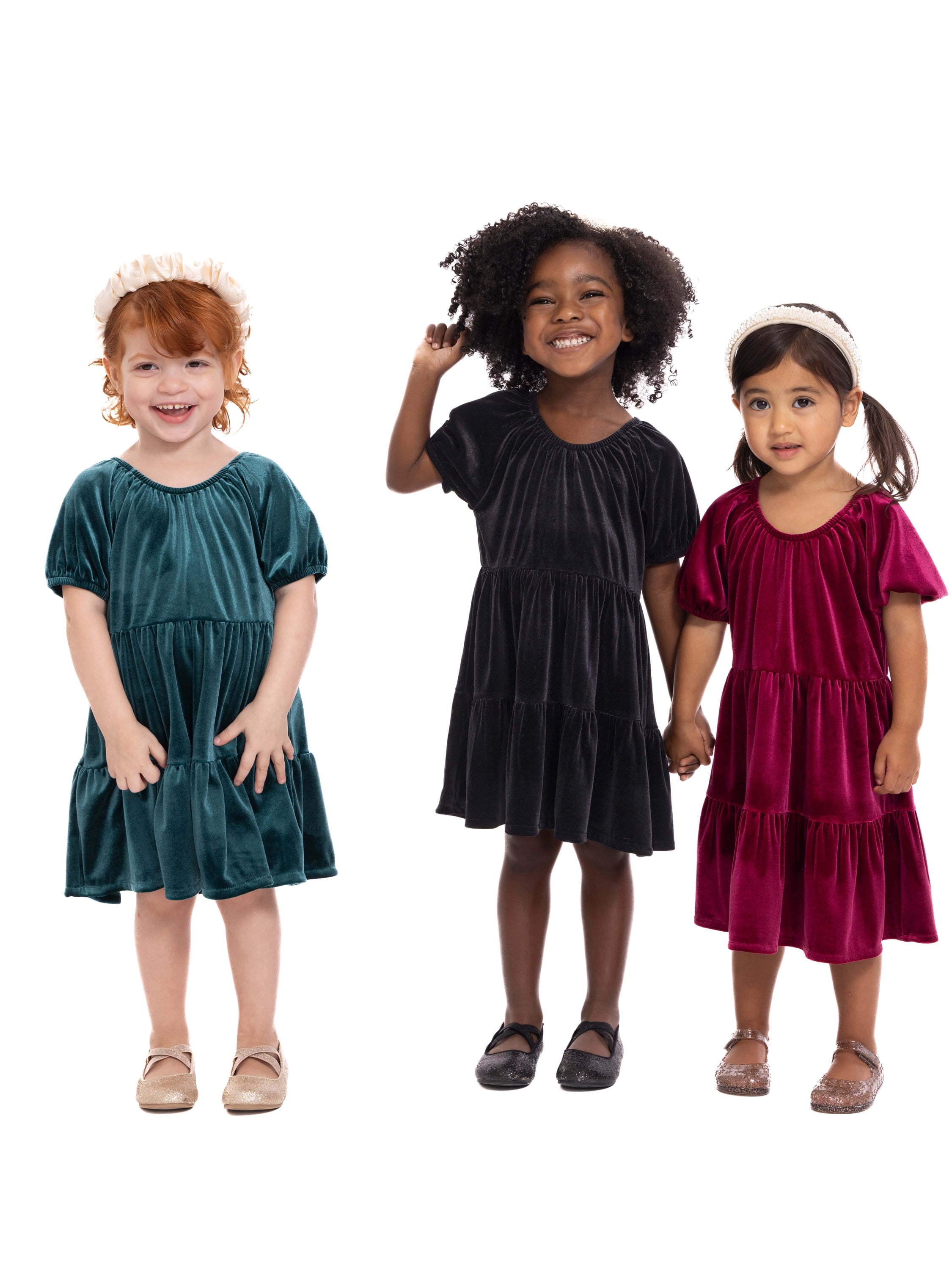 Wonder Nation Toddler Girls Tiered Velvet Dress with Puff Sleeves, Sizes 12M-5T