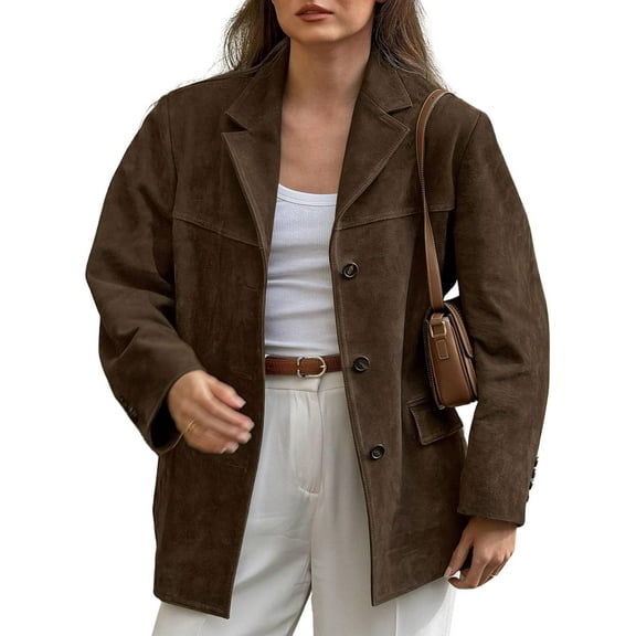 NANAHuang Women's Faux Suede Blazer Jacket Notched Lapel Single Breasted Faux Suede Leather Suit Jacket