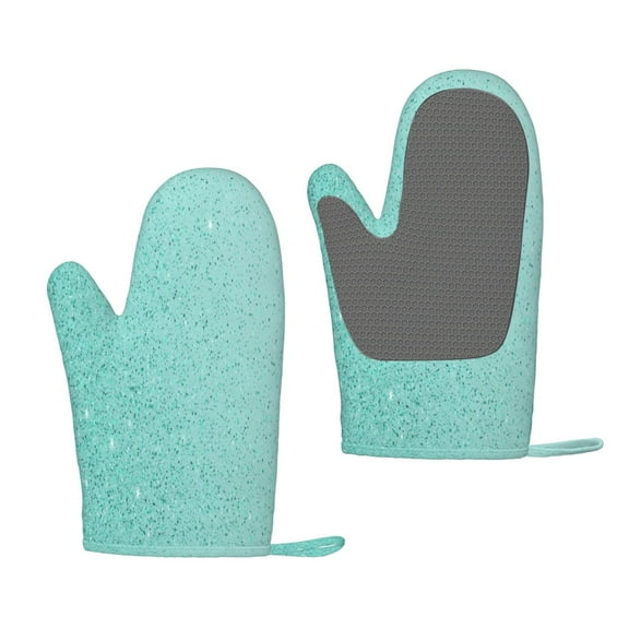 Hirioo Teal Turquoise Glitter for Silicone Oven Mitts for BBQ, Baking, Cooking, Set of 2, Heat Resistant 260℃, Non-Slip Kitchen Essentials