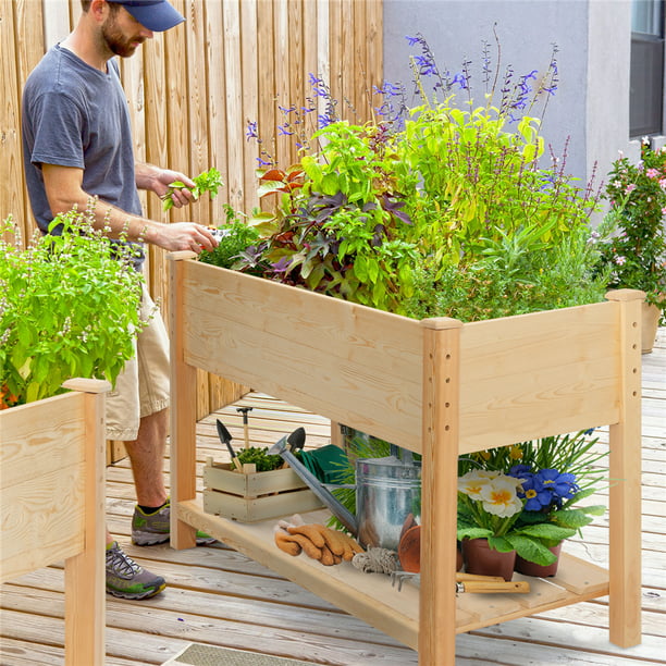 Garden KINGSO Raised Garden Bed 4FT Elevated Wooden Planter Boxes Outdoor with Legs Garden Grow Box with Shelves for Vegetable Flower Patio - Walmart.com