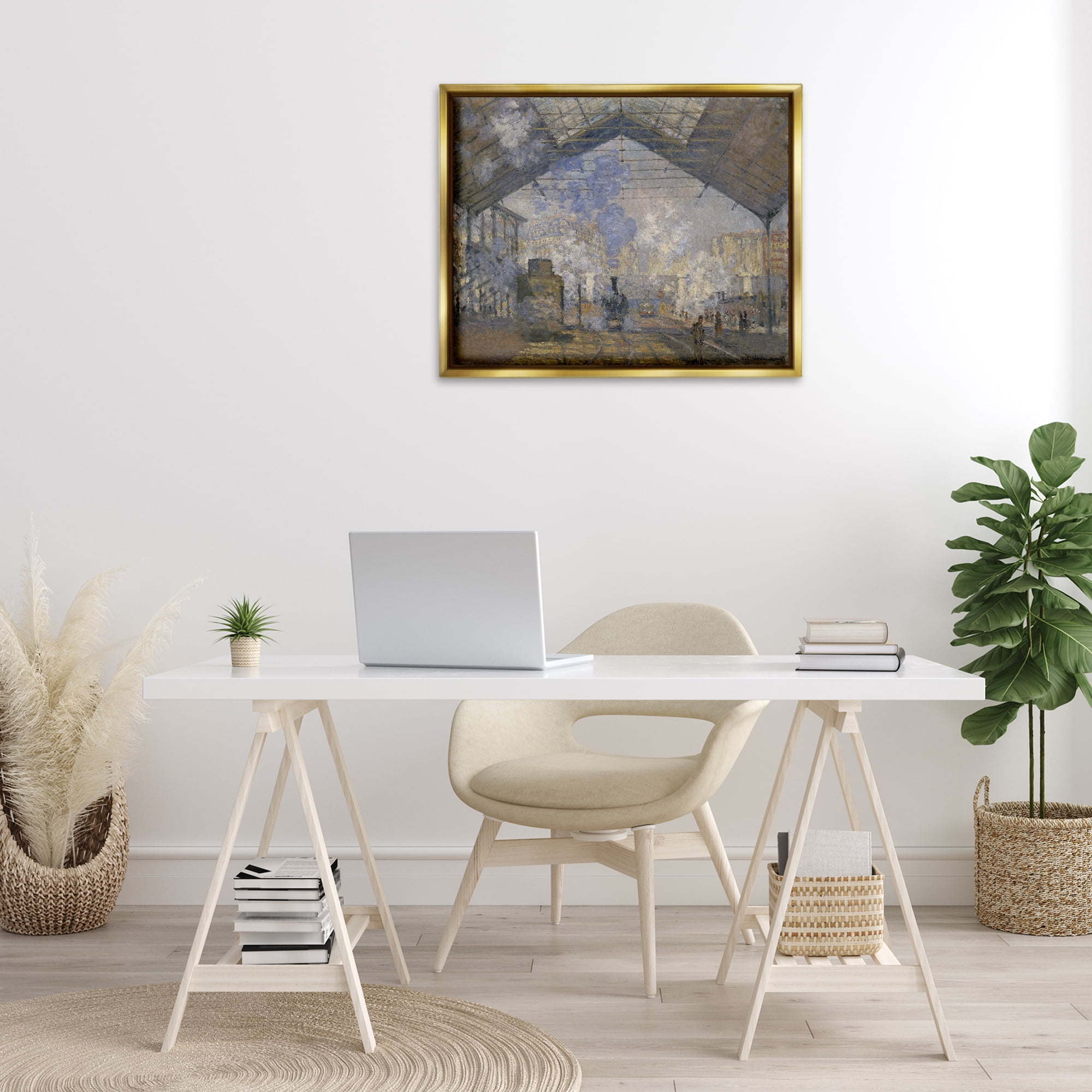 Stupell Industries Classic Monet Saint-Lazare Station Buildings & Architecture Painting Gold Floater Framed Canvas Art Print Wall Art, 31 x 25