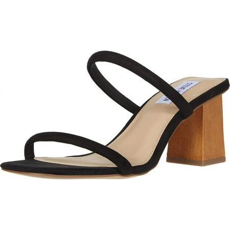 Steve Madden Honey Black Slip On Rounded Toe High Wood-Look Block Heel Sandals