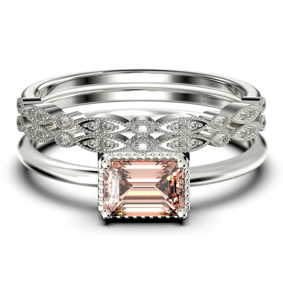 Minimalist 2.00 Carat Emerald Cut Morganite And Diamond Moissanite Engagement Ring, Wedding Ring in 10k Solid White Gold, Gift For Her, Promise Ring, Anniversary Ring, Trio Rings Set