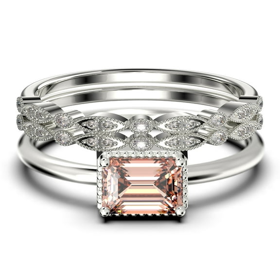 Minimalist 2.00 Carat Emerald Cut Morganite And Diamond Moissanite Engagement Ring, Wedding Ring in 925 Sterling Silver With 18k White Gold Plating, Promise Ring, Anniversary Ring, Trio Rings Set