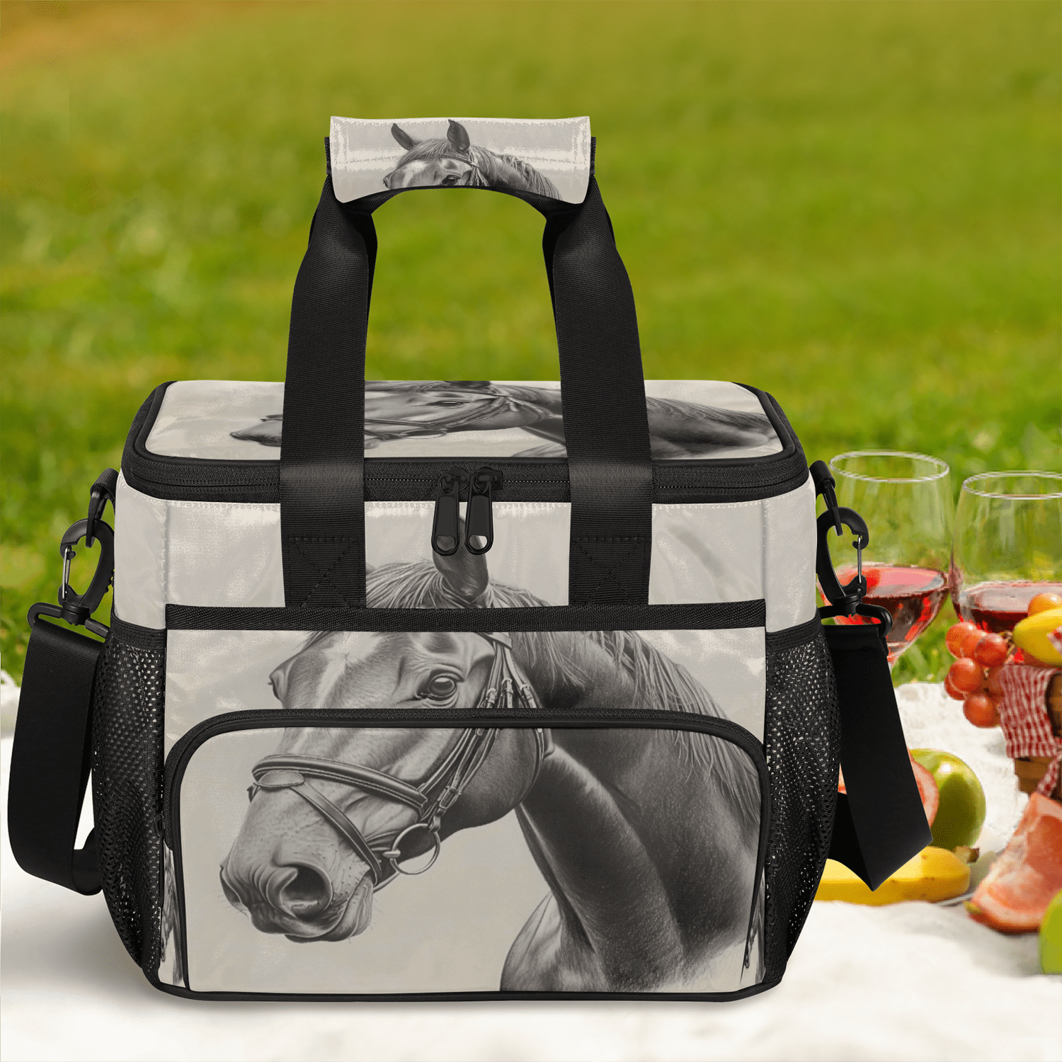 Herdesigns Horse Print Large Lunch Box for Adults Women Men with Adjustable Shoulder Strap, Insulated Reusable Lunch Bag Leakproof Cooler Tote Bag