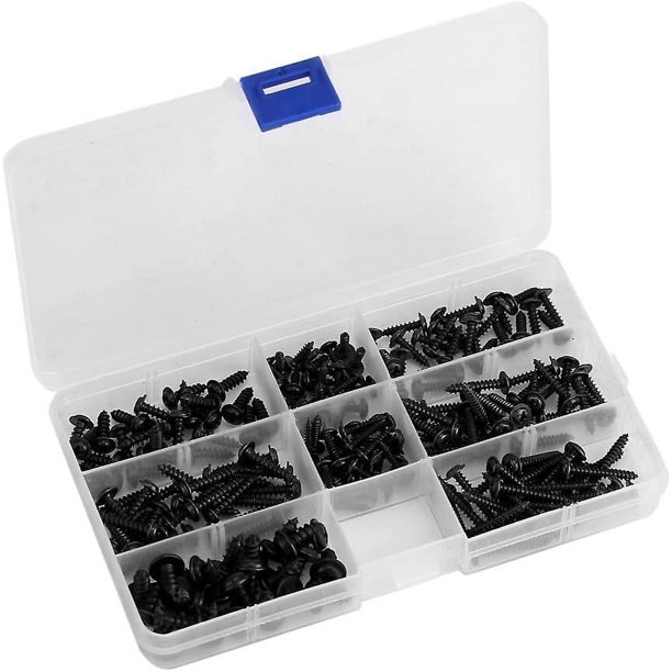 Kit surtido de 200 tornillos autorroscantes de cabeza redonda de acero inoxidable negro con tapa transparente Caja