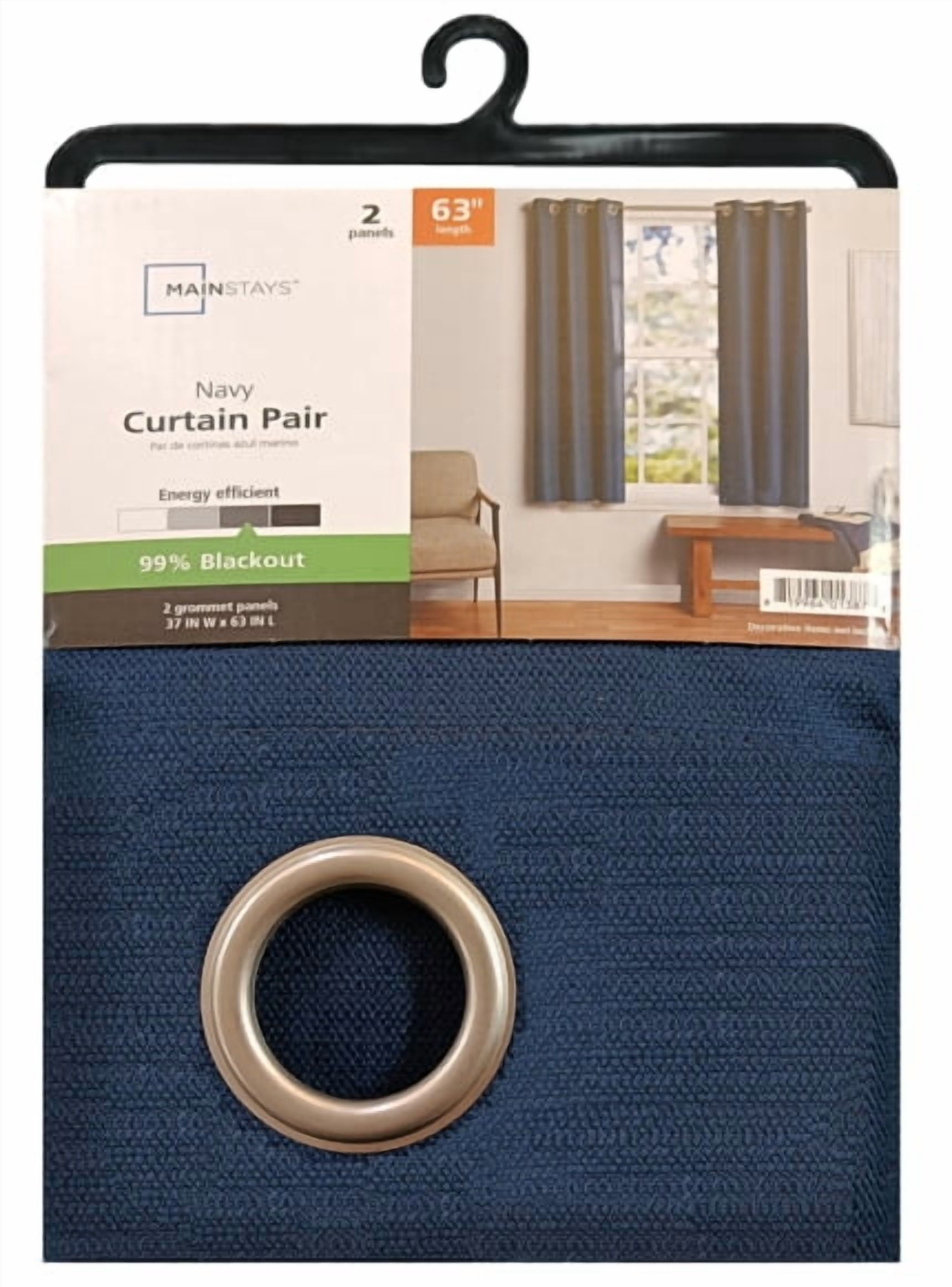 Mainstays Olan Navy Blackout Curtain Panel Pair, 2-Pack, Grommet Top, Textured Solid, 37" x 63", Room Darkening Drapes for Bedroom