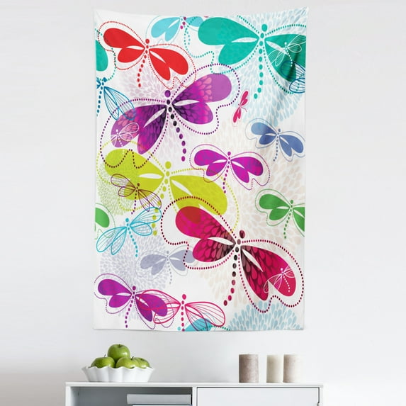 Abstract Tapestry, Modern Dragonfly and Floral Pattern Hydrangea Petals Like Fireworks Colorful Art, Fabric Wall Hanging Decor for Bedroom Living Room Dorm, 5 Sizes, Multicolor, by Ambesonne