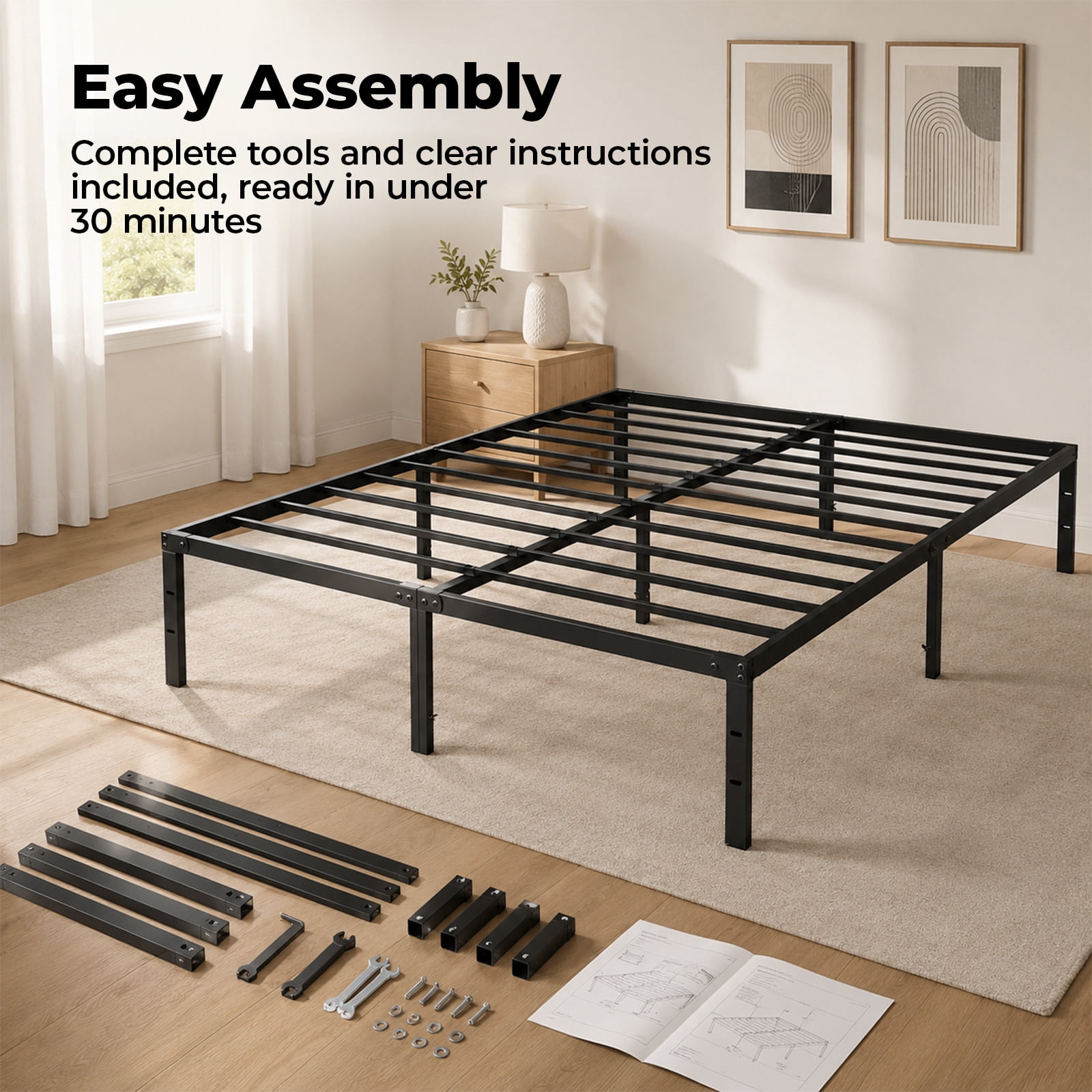 Alvantor Metal Bed Frame, 12 inch Tall, Heavy Duty Mattress Foundation, No Box Spring Needed, Black