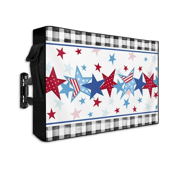 4th of July Outdoor TV Cover 48 to 50 Inch Weatherproof, Independence Day Blue Red Star Black Plaid 600D Oxford TV Covers with Waterproof Zipper, Outside Flat TV Screen Protector Size 48"Wx30"Hx4.5"D
