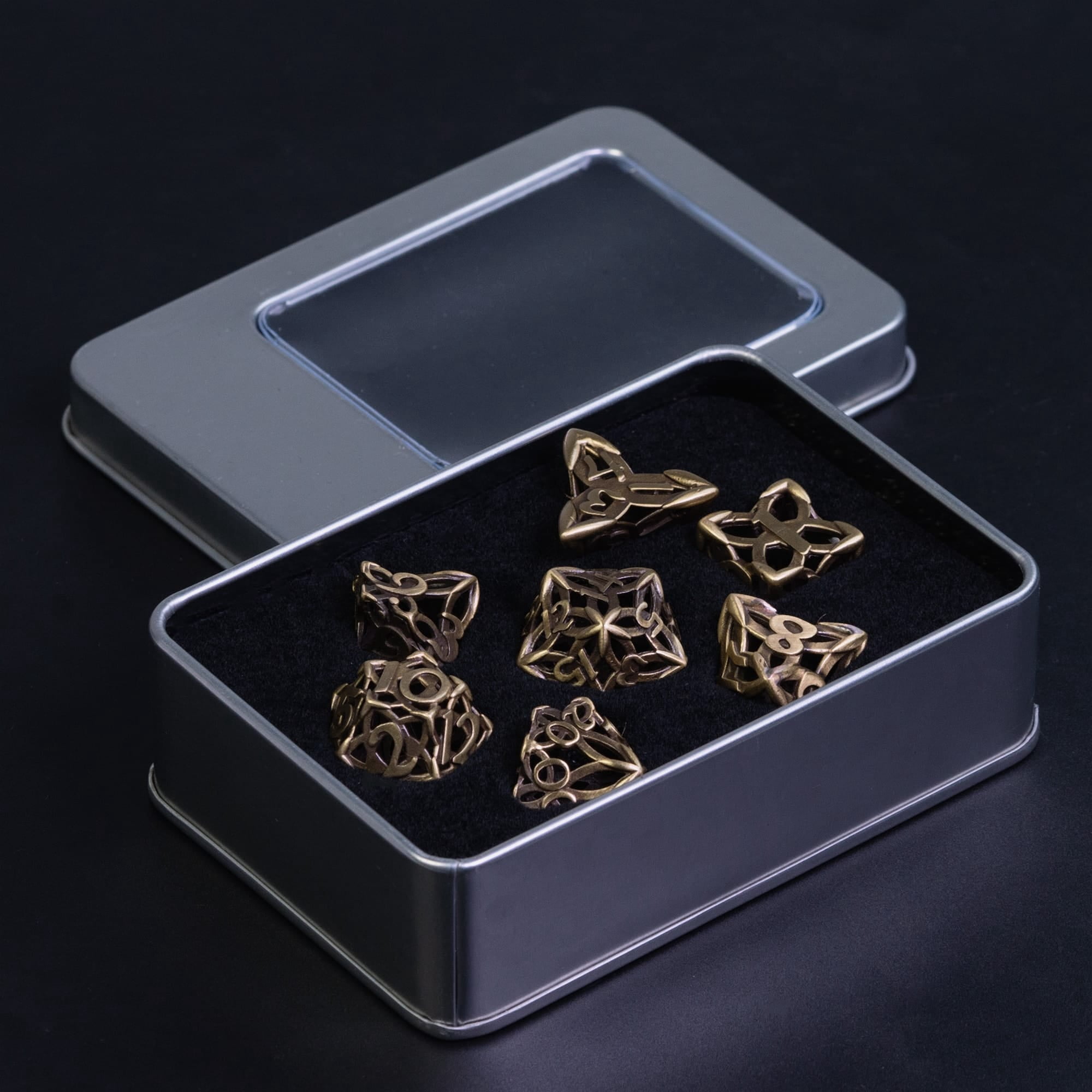 Cusdie Hollow Metal Dice, Celtic Knot D&D Dice, 7 Pcs Metal Dice Set, Polyhedral Dice Set, for Role Playing Game MTG Pathfinder