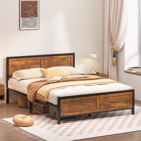 Bed Frame with Vintage Wood Headboard Farmhouse Bed,Heavy Duty Metal Platform Bed Frames No Box Spring Needed,Firm Mattress Foundation Steel Slat Support Easy Assembly