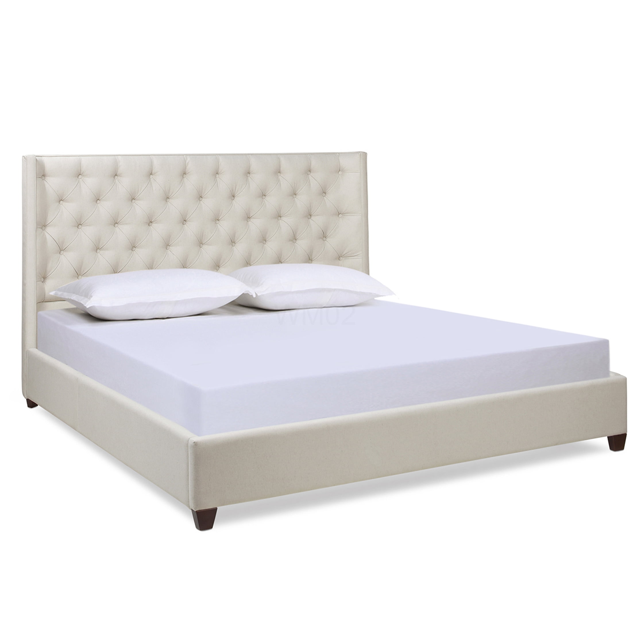 Manhattan King Size Upholstered Bed Frame with Wingback Headboard, Light Beige Fabric, No Box Spring Required Platform Bed