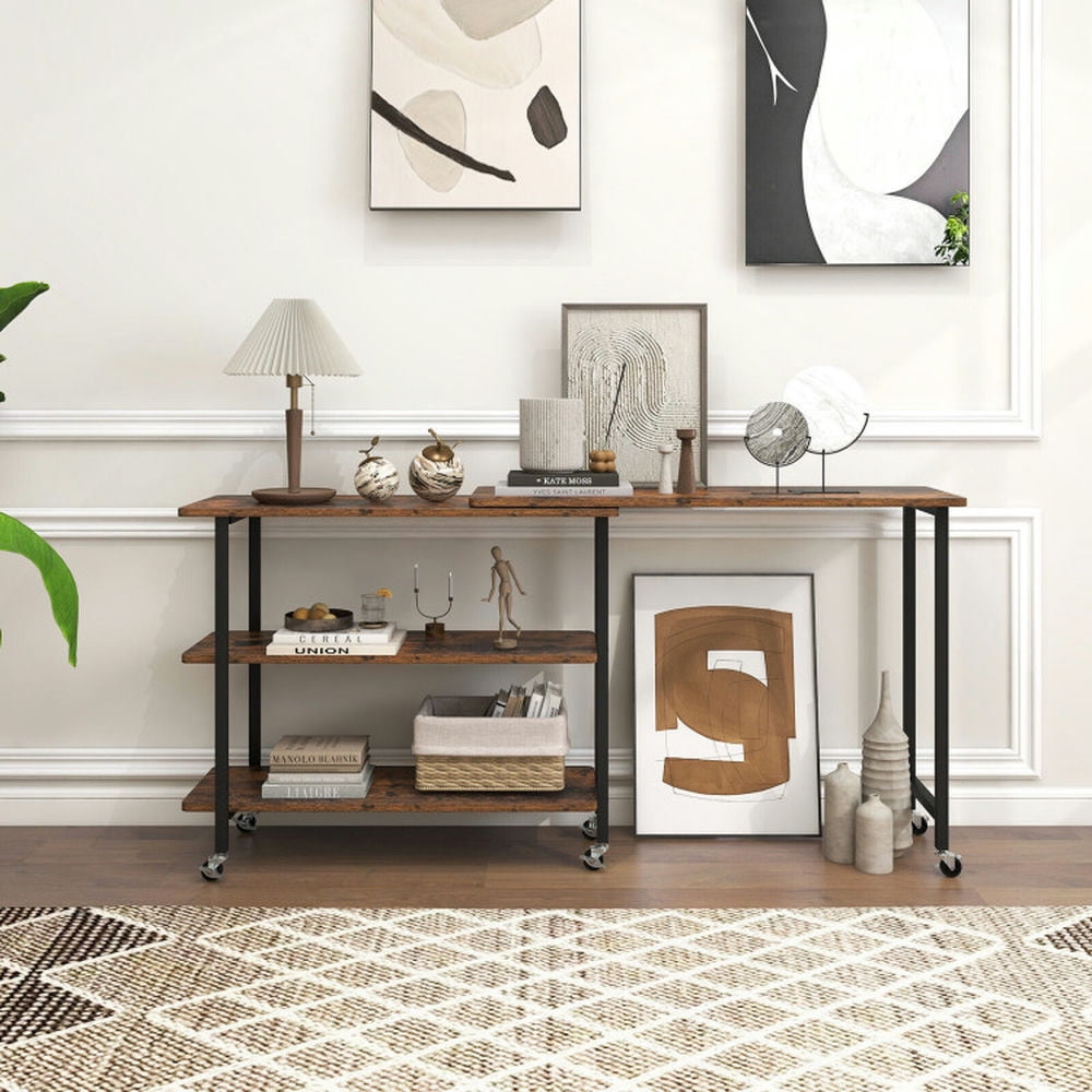 Demi Bonn 360° Rotating Computer Desk with 2-Tier Storage Shelves, Small Home Office Desk Study Writing Table, Rustic Brown