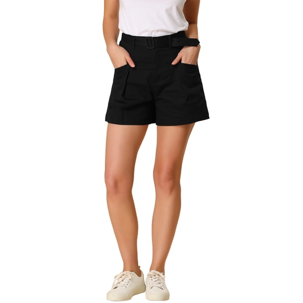 INSPIRE CHIC Pantalones Cortos De Cintura Alta De Oficina De Trabajo De Algodón Con Cinturón De Verano Para Mujer Con Bolsillos Negro XL