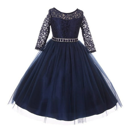 Girls Navy Floral Lace Rhinestone Waist Tulle Christmas