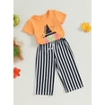 thumbnail image 3 of Liacowi Toddler Girl Halloween Clothes Witch Print Short Sleeve T-Shirt Stripe Pattern Wide Long Pants Set 12M 18M 24M 3T 4T 5T Little Girls Fall Outfit, 3 of 8