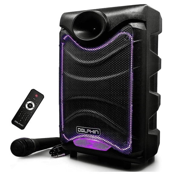 Dolphin SP-850RBT 8-in Portable Bluetooth Party Speaker with Mic, Lights, FM Radio, USB, Rechargeable Battery