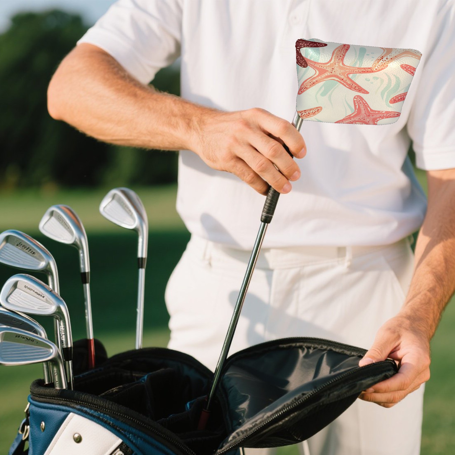 Golf Mallet Putter Cover Premium Leather Waterproof Golf Putter Head Cover with Magnetic Closure Waves And Stars