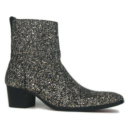 OSSTONE Dress Boots Glitter Chukka Boots for Men Zipper-up Leather Casual Heel Shoes JY009-Glitter-Silver-7 Glitter Silver