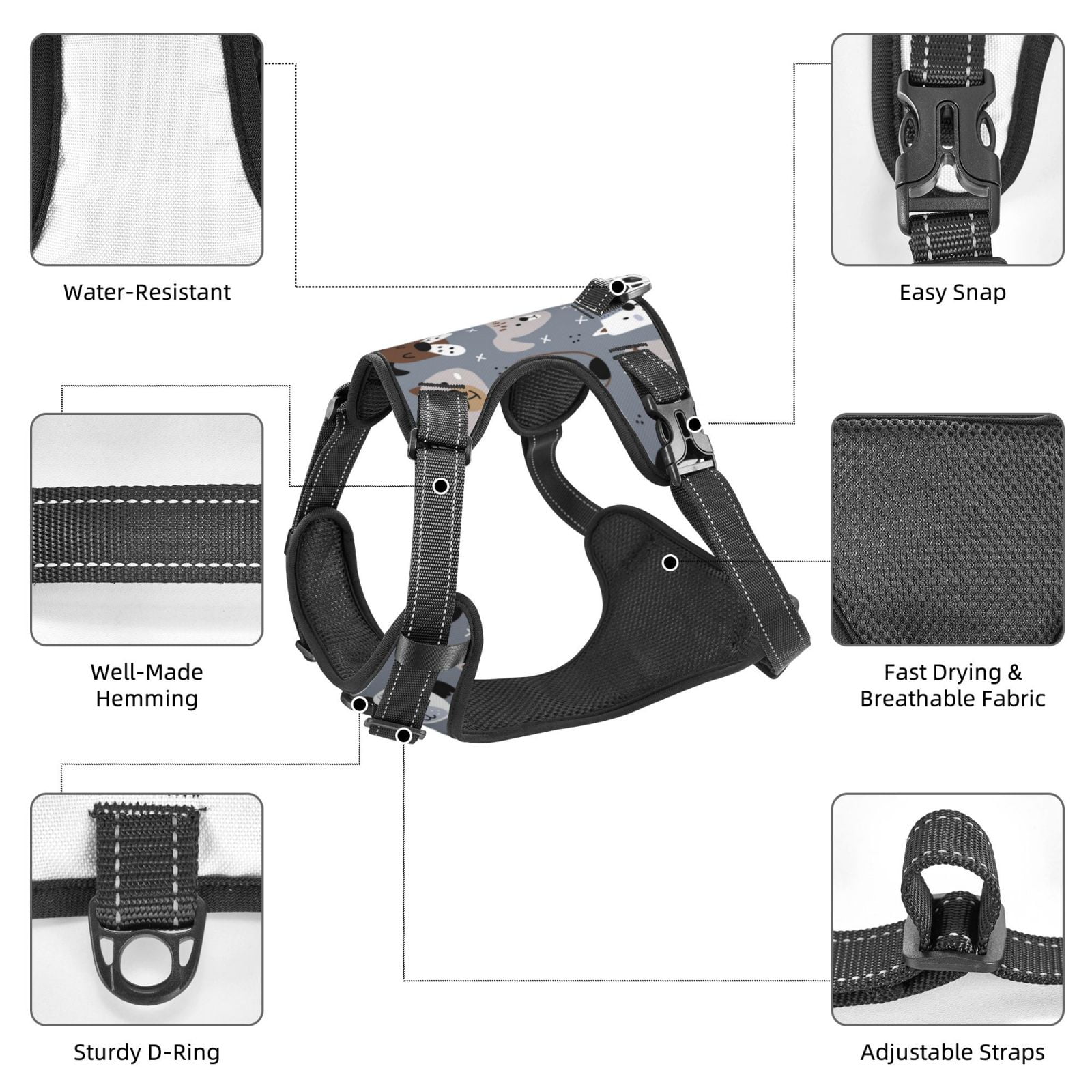 Kdxio Cute Dog Faces Print No Pull Dog Harness Adjustable Reflective Oxford Easy Control Medium Large Dog Harness for Training and Everyday-Medium