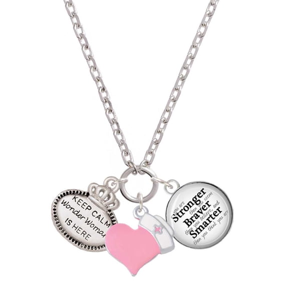 Delight Jewelry Silvertone Keep Calm Wonder Woman is Here - Light Pink Heart Nurse Strong Zoe Necklace