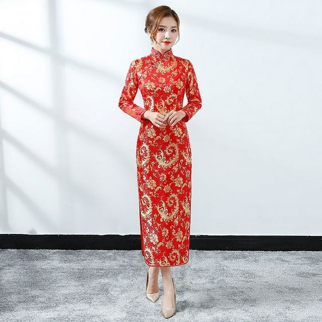 Vestido de novia de otoño e invierno cheongsam para el Festival de Primavera, vestido festivo para banquete de bodas joven y feliz