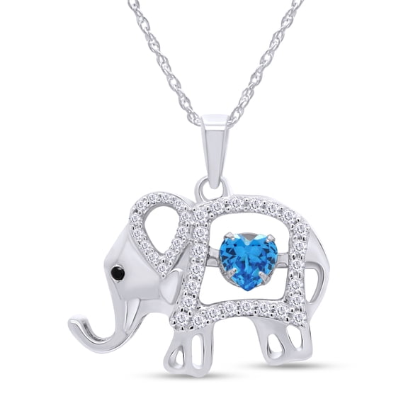 AFFY Heart Shape Simulated Topaz And Round Cut Cubic Zirconia Elephant Floater Pendant Necklace In 14K White Gold Over 925 Sterling Silver Jewelry For Women With 18" Chain