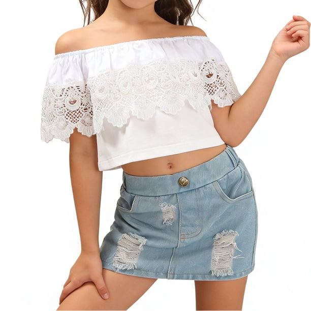 Conjunto de camisa informal cómoda de verano para niños con hombros descubiertos y falda vaquera, top de poliéster para niños