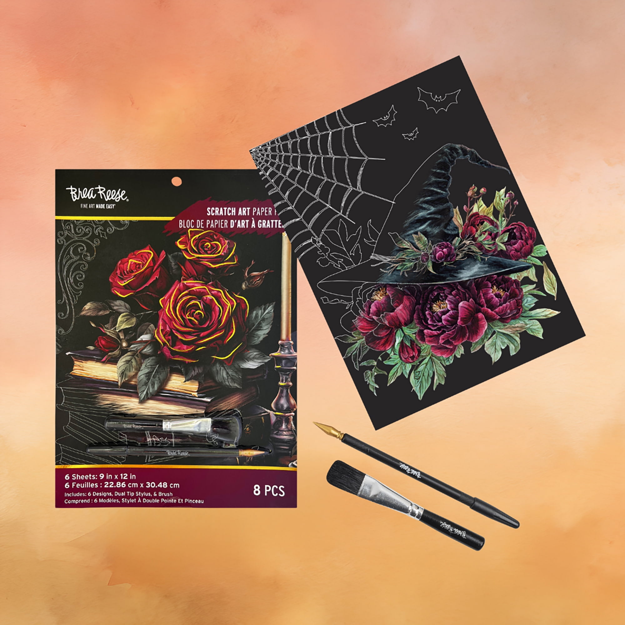Brea Reese: Scratch Art Paper Pad - Witching Hour - 6 Designs, Guided Art, Metallic Accents, Stylus & Brush, Perforated 9x12" Pages, DIY Adult Craft