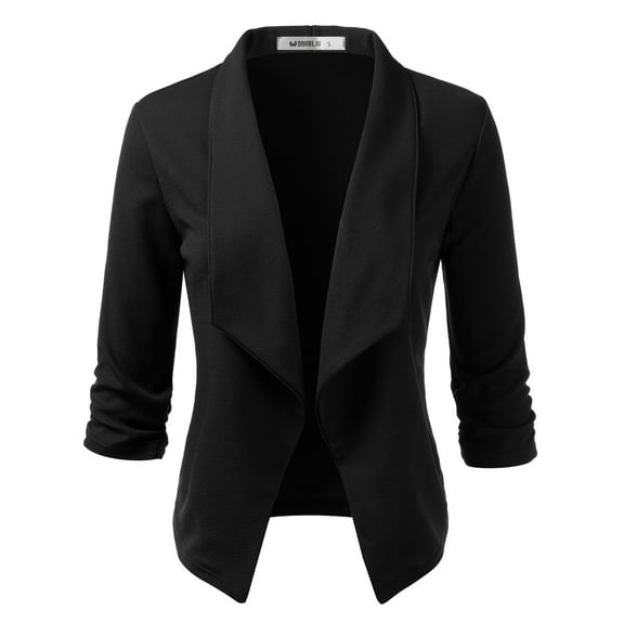 Doublju Women's Ruched 3/4 Sleeve Open Front Blazer Jacket with Plus Size