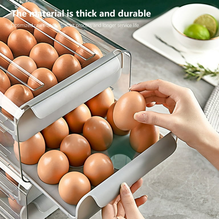 Sdjma Plastic Egg Holder for Refrigerator,Auto Rolling Egg Container with Lid and Handle, Large Capacity Egg Storage Box Holds 32 Eggs,Clear Stackable