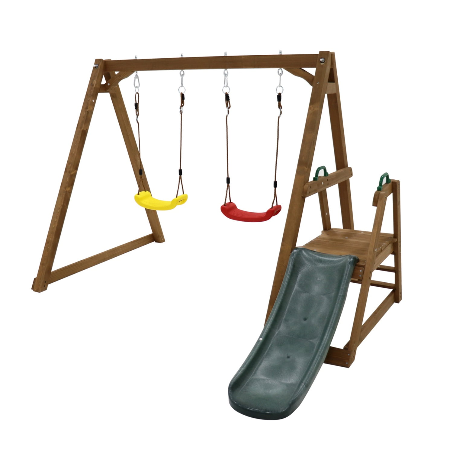 CIPACHO 2 in 1 Outdoor Wooden Swing Set with Slide for Kids Climbing Rope Ladder Backyard Playset CIPACHO 2 in 1 Outdoor Wooden Swing Set with Slide for Kids Climbing Rope Ladder Backyard Playset