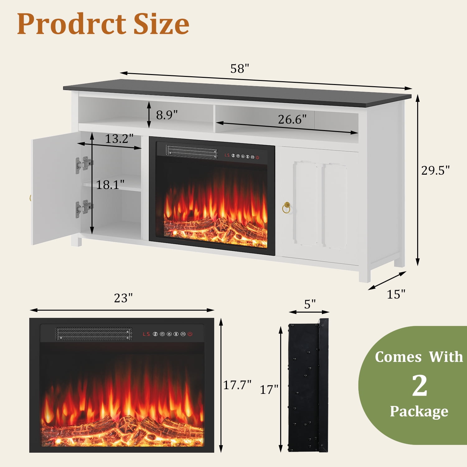 Waleaf 58" Farmhouse Fireplace TV Stand up to 65" with 23" Electric Fireplace,Media TV Console with Open Storage Shelves and Cabinets for Living Room