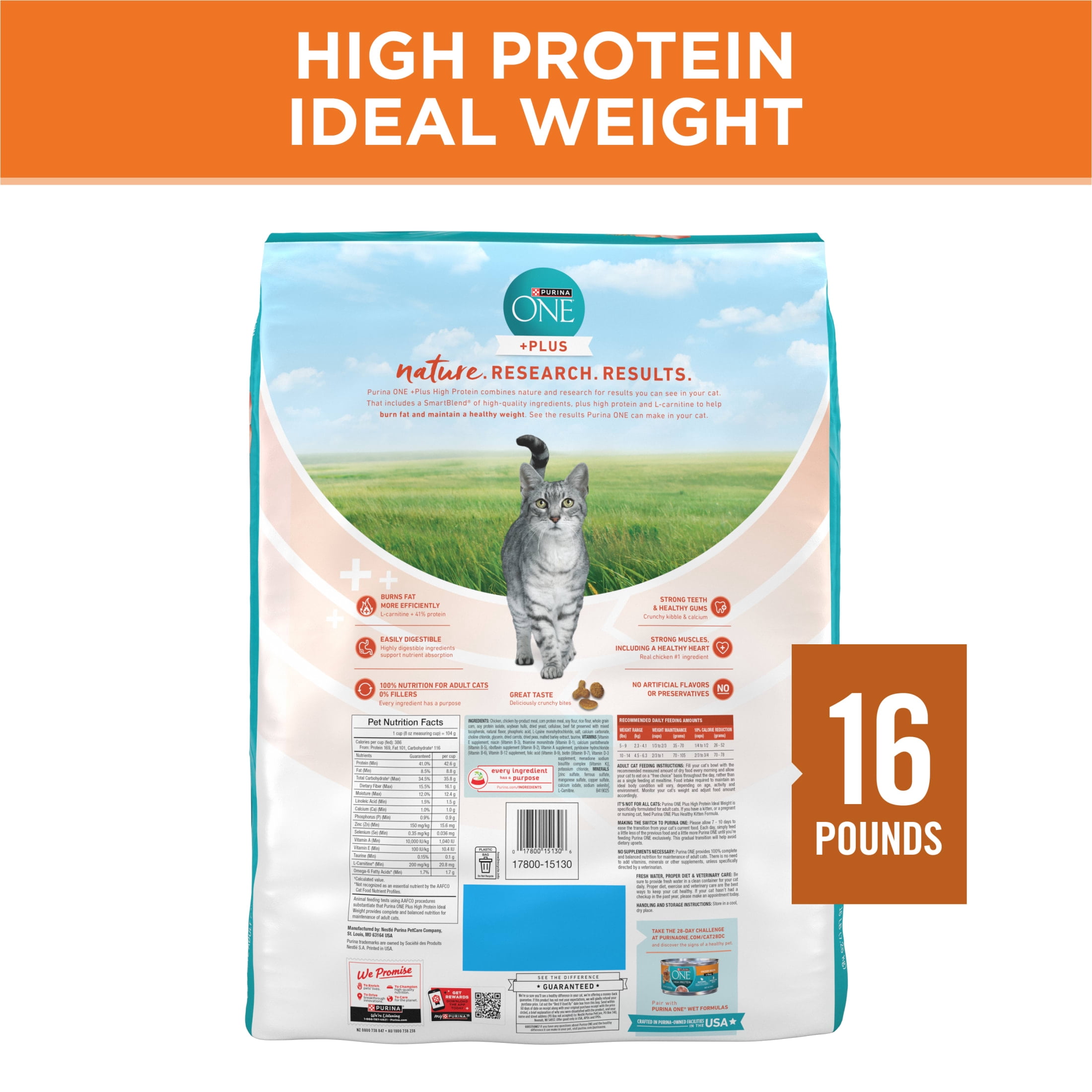 (3 pack) Purina ONE, Healthy Weight Plus Ideal Weight With Chicken Dry Cat Food High Protein, Weight Control Formula, 16 lb Bag