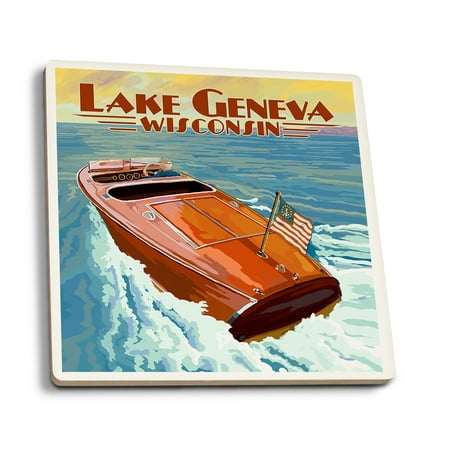 - Lake Geneva, Wisconsin - Chris Craft Wooden Boat - Lantern Press Artwork (Set of 4 Ceramic Coasters - Cork-backed, Absorbent)