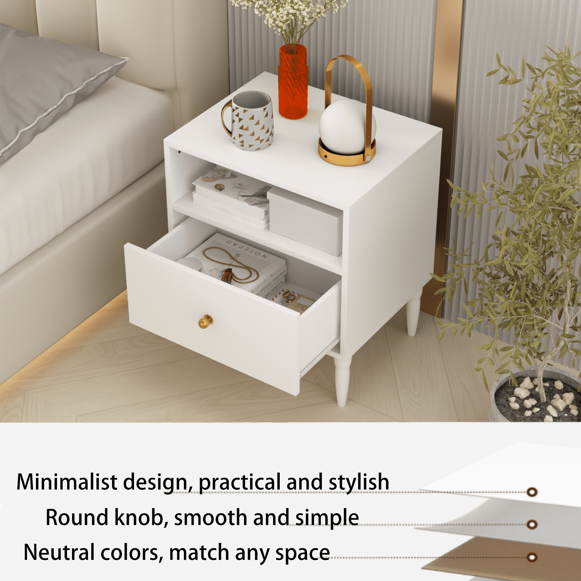 White Nightstand with Drawer and Open Shelf, MDF Bedside Table with Gold Knob, 19.69 in x 15.75 in x 23.62 in