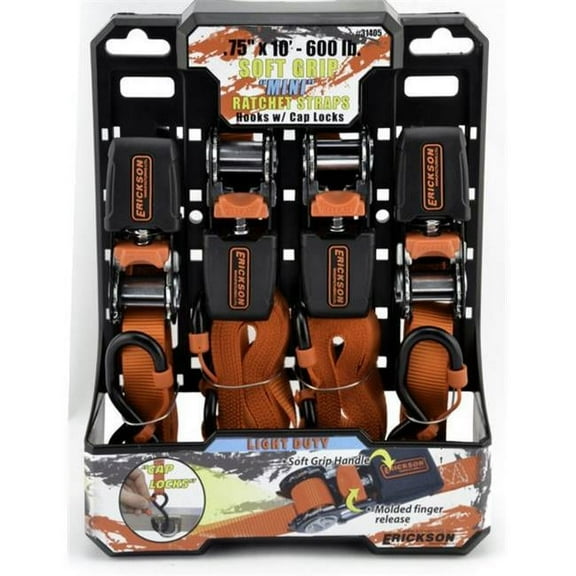 Erickson 31405 Light Duty Mini Ratchet Strap (with Cap Locks, 3/4" x 10', 600 lb.), 4 Pack