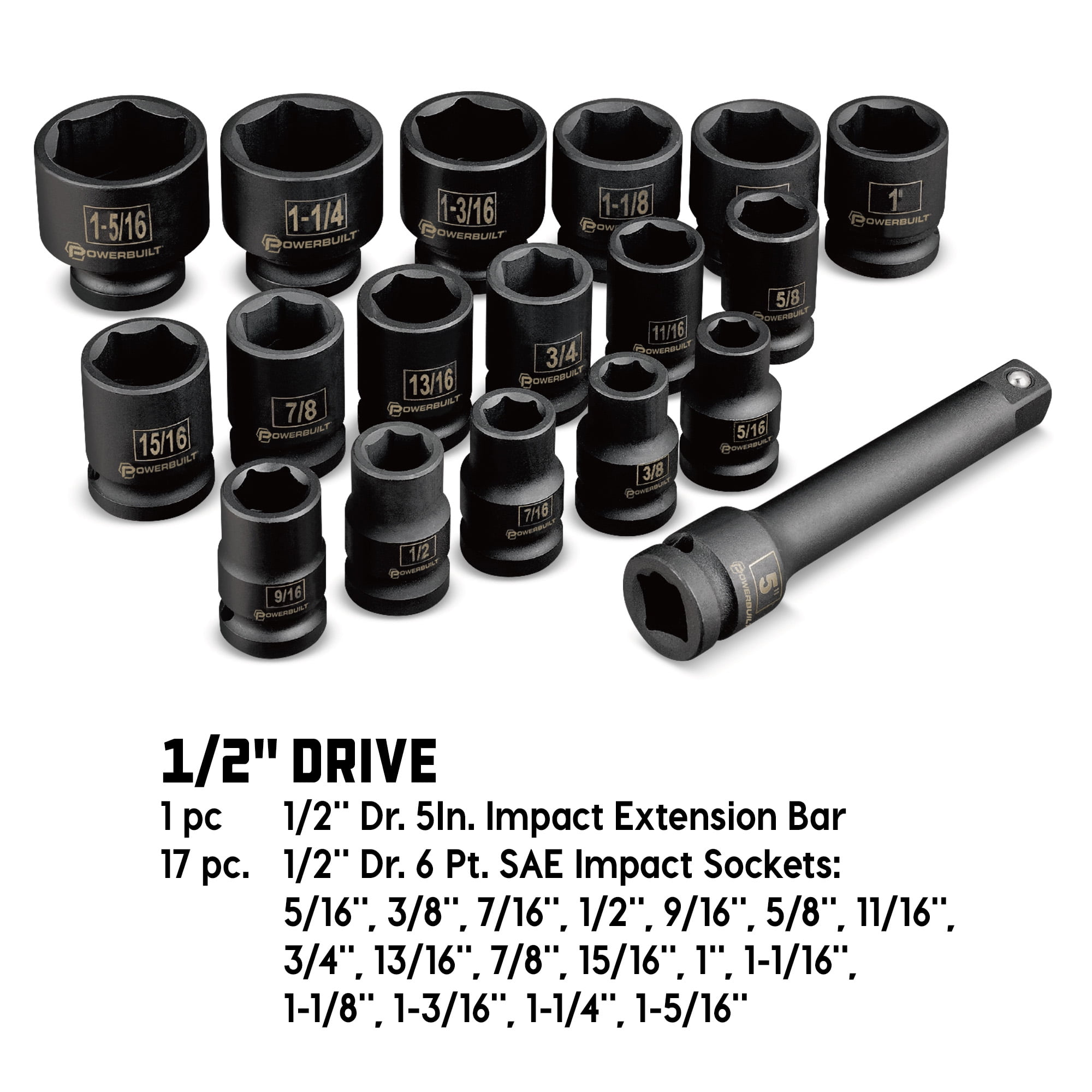 Powerbuilt 18 Piece 1/2 Inch Drive 6 Point SAE Impact Socket Set - 940837