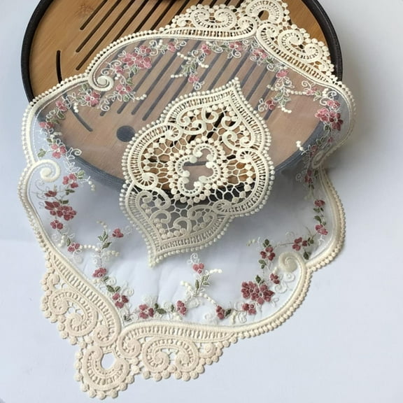 1-Piece Vintage Oval Lace Table Placemats, Exquisite Flower Cotton Embroidered Doilies Vase Mat, French Crochet Doilies, 12 X 17 Inch