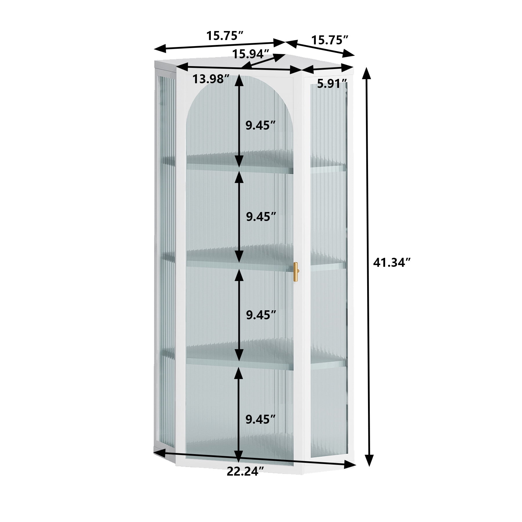 Wall Mounted Corner Cabinet 41.34 Inch, 4-Tier Glass Door Storage with Ribbed Glass and Metal Frame, Bathroom Organizer and Living Room Display Cabinet, White