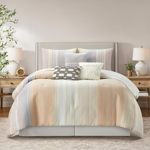 Grand Avenue Pink Waffle Jacquard Comforter Set Queen Size, 7 Piece Striped Bedding Set, All Season Home Decor, Matching Pillow Shams, Bedskirt, Decorative Pillows