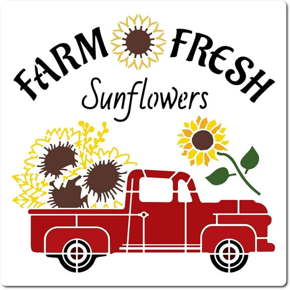 Farm Theme Stencil 30x30cm Large Plastic Template Farm Fresh Sunflowers Car Pattern Reusable Drawing Crafts Stencil for Painting on Wood Wall Furniture Canvas Fabrics Home DIY Decoration
