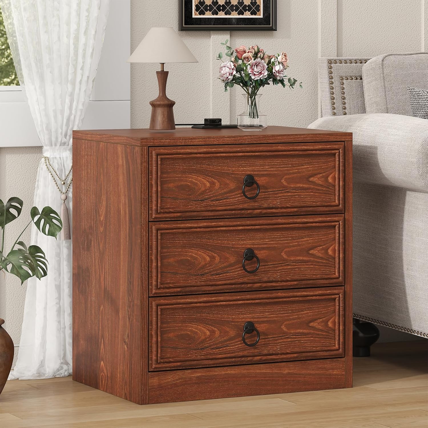 Winkalon 3 Drawers Farmhouse Nightstand with Charging Station, Rustic Bedside Tbale with Drawers for Bedroom, Vintage End Table for Bedroom Living Room, Cherry