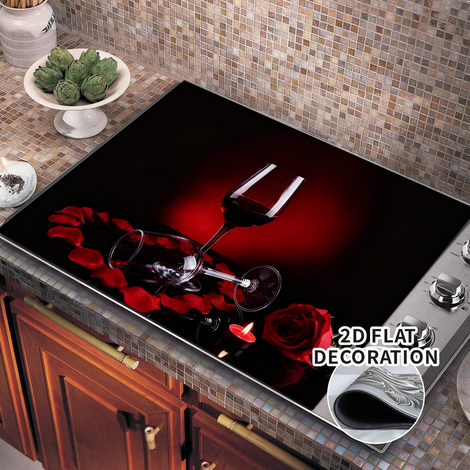 Stove Top Cover for Electric Stove 28×20 Inch Heat Resistant Glass Cooktop Cover Protector Red Wine Rose Design