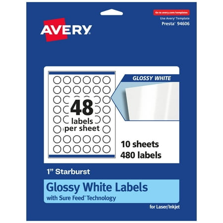 UPC: 0194793906318 | Avery Glossy White Starburst Labels with Sure Feed  1   480 Glossy White Labels  Print-to-the-Edge  Permanent Label Adhesive  Laser/Inkjet Printable Labels