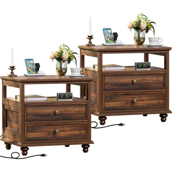 Farmhouse Nightstand Set of 2 with Charging Station, 24" Wide End Table with 2 Drawers,Brown Dresser for Bedroom,Bed Side Table Chest of Drawers Cabinet, Night Stand for Living Room