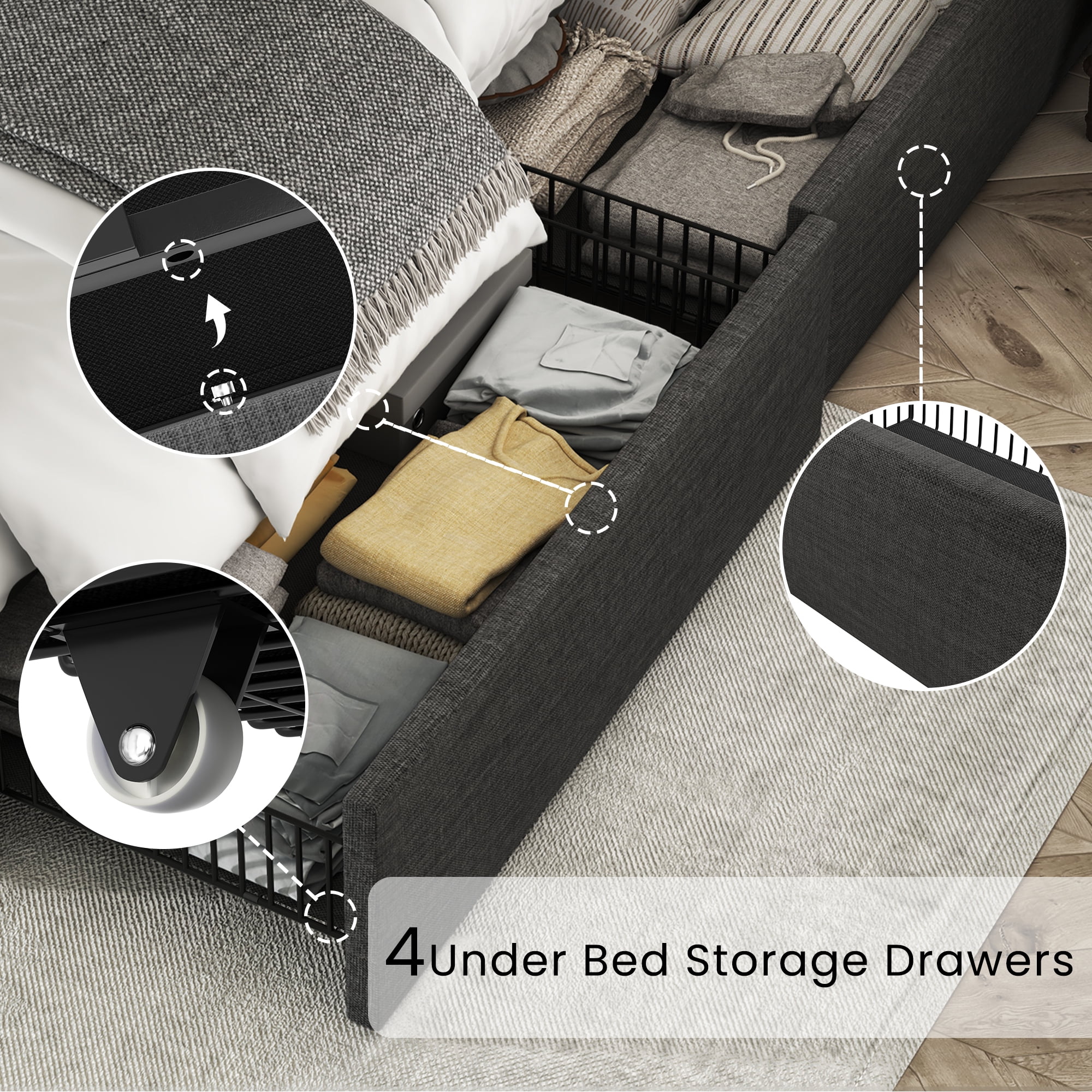 Breltam King Size Bed Frame with 4 Storage Drawers, Wingback Tufted Headboard, LED Lights, Dark Grey Velvet Upholstered Platform Bed, No Box Spring Needed