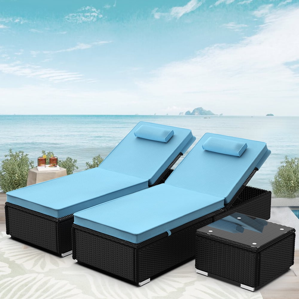 3 Pieces Outdoor Patio Chaise Lounges Set, Rattan Wicker Chaise Lounge Chairs with Cushion and